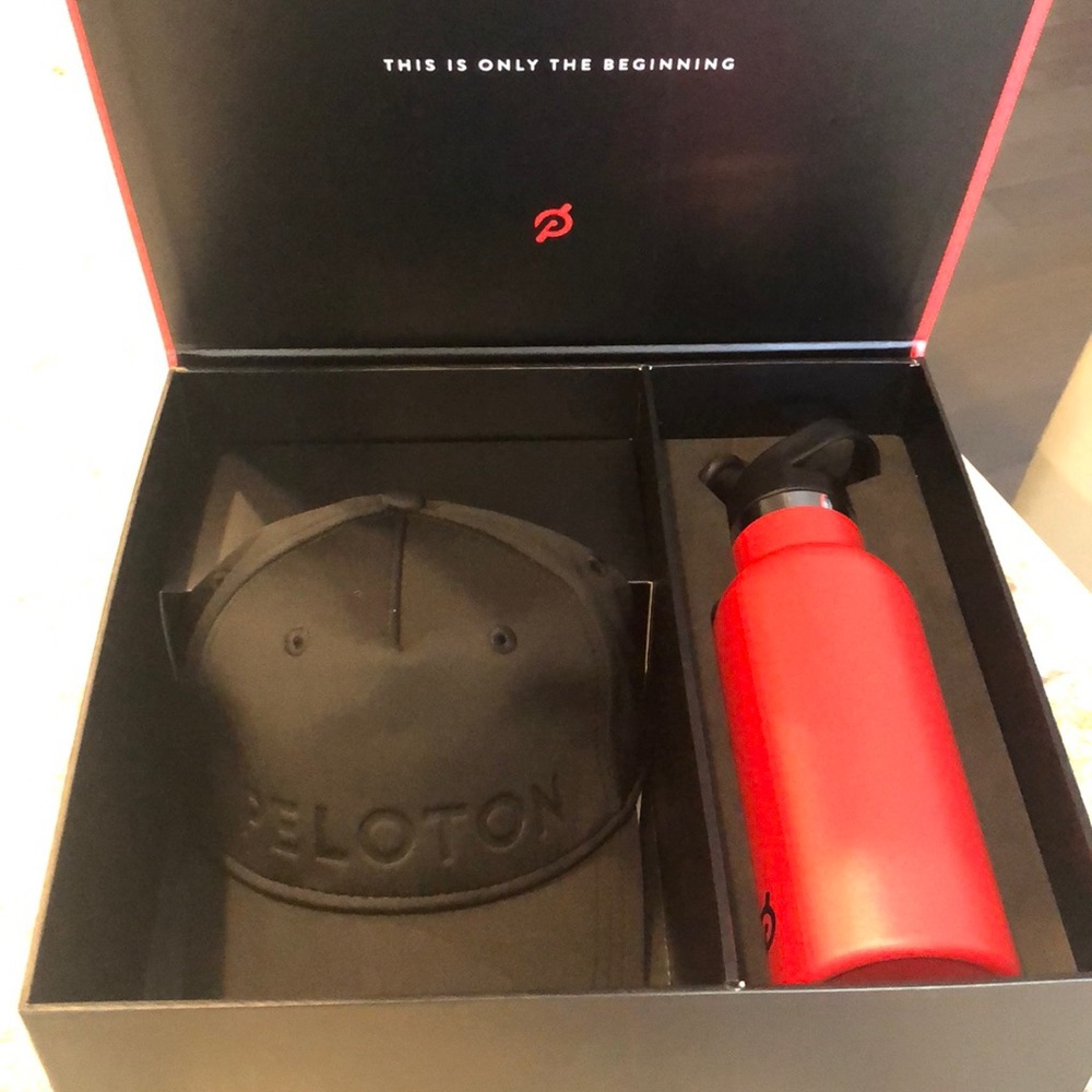 Peloton hat and water bottle